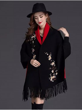 Cashmere Feeling Floral Embroidery Cape W/Sleeves